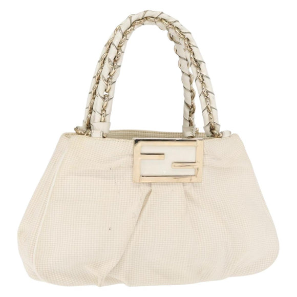 FENDI Mia Chain Hand Bag Canvas White Gold Auth 158923