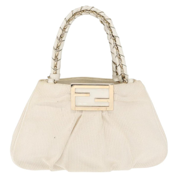 FENDI Mia Chain Hand Bag Canvas White Gold Auth 158923