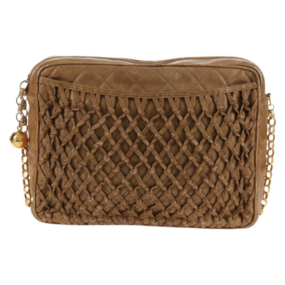 CHANEL Matelasse Chain Shoulder Bag Lamb Skin Brown Gold CC Auth 158929A