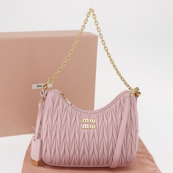 Miu Miu Matelasse Chain Shoulder Bag Leather 2way Pink Gold Auth 158932SM