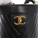 CHANEL V Stitch Vanity Hand Bag Lamb Skin 2way Black Gold CC Auth 158944SAV-16