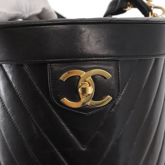 CHANEL V Stitch Vanity Hand Bag Lamb Skin 2way Black Gold CC Auth 158944SAV