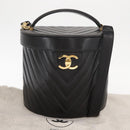 CHANEL V Stitch Vanity Hand Bag Lamb Skin 2way Black Gold CC Auth 158944SAV-27