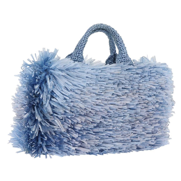PRADA Hand Bag Raffia Blue Gold Auth 158947V