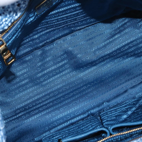 PRADA Hand Bag Raffia Blue Gold Auth 158947V