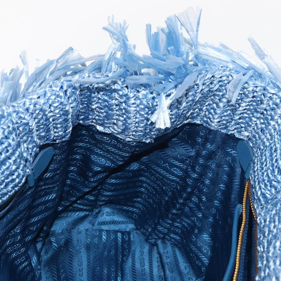 PRADA Hand Bag Raffia Blue Gold Auth 158947V