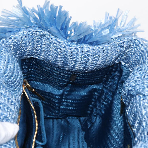 PRADA Hand Bag Raffia Blue Gold Auth 158947V