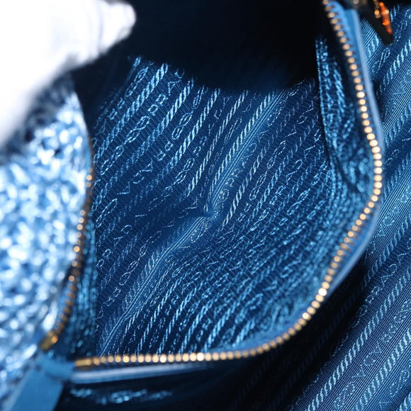 PRADA Hand Bag Raffia Blue Gold Auth 158947V