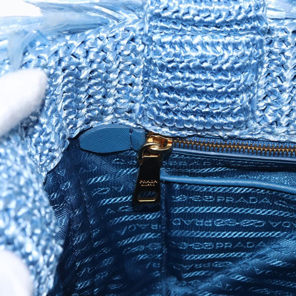 PRADA Hand Bag Raffia Blue Gold Auth 158947V