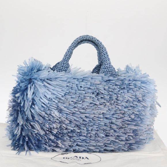 PRADA Hand Bag Raffia Blue Gold Auth 158947V