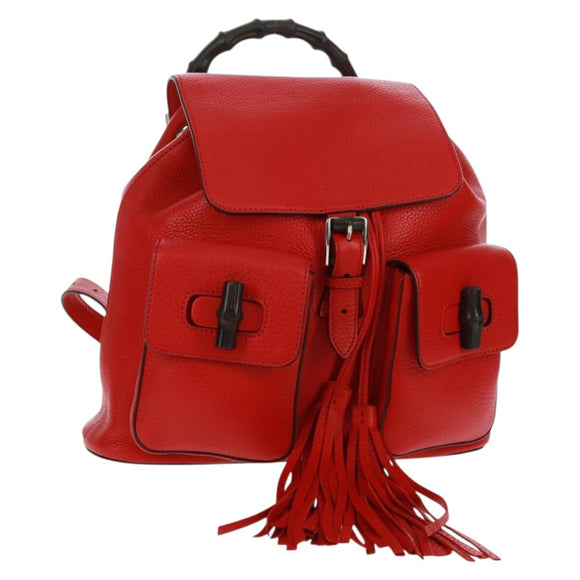 GUCCI Bamboo Backpack Leather Red Silver 370833 Auth 158958V