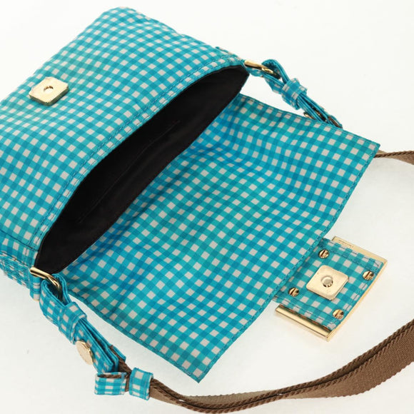 FENDI Mamma Baguette Shoulder Bag Nylon Light Blue Gold Auth 158965V
