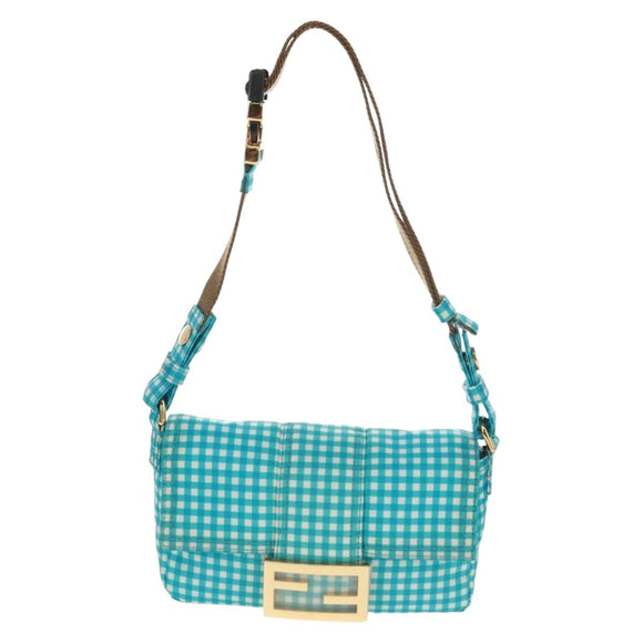 FENDI Mamma Baguette Shoulder Bag Nylon Light Blue Gold Auth 158965V