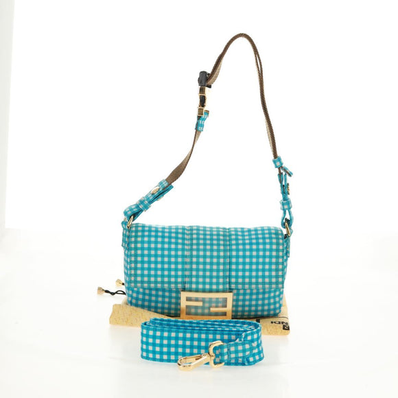 FENDI Mamma Baguette Shoulder Bag Nylon Light Blue Gold Auth 158965V