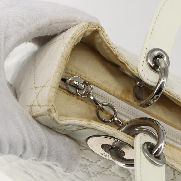 Christian Dior Lady Dior Canage Hand Bag Nylon White Silver Auth 158966