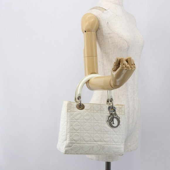 Christian Dior Lady Dior Canage Hand Bag Nylon White Silver Auth 158966