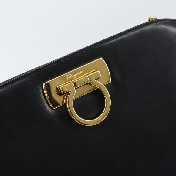 Salvatore Ferragamo Gancini Chain Shoulder Bag Leather Black Gold Auth 158988