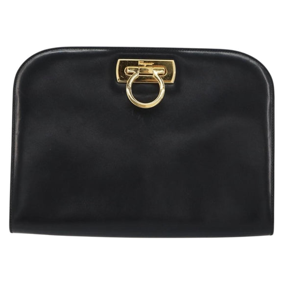 Salvatore Ferragamo Gancini Chain Shoulder Bag Leather Black Gold Auth 158988