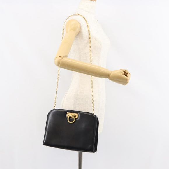 Salvatore Ferragamo Gancini Chain Shoulder Bag Leather Black Gold Auth 158988