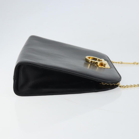 Salvatore Ferragamo Gancini Chain Shoulder Bag Leather Black Gold Auth 158988