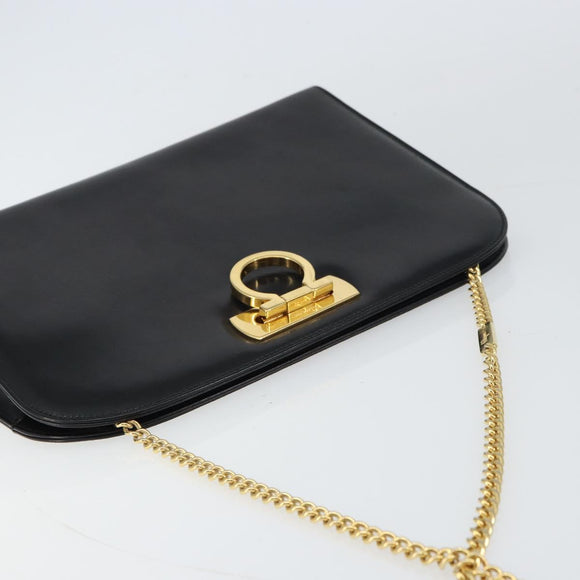 Salvatore Ferragamo Gancini Chain Shoulder Bag Leather Black Gold Auth 158988