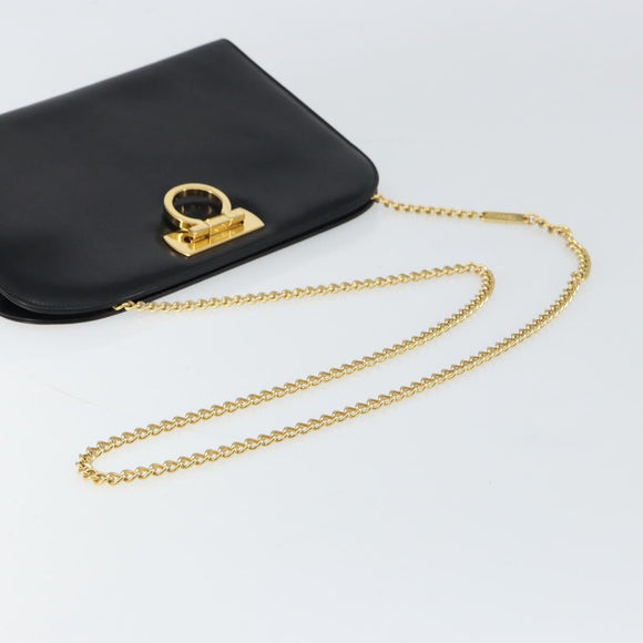 Salvatore Ferragamo Gancini Chain Shoulder Bag Leather Black Gold Auth 158988