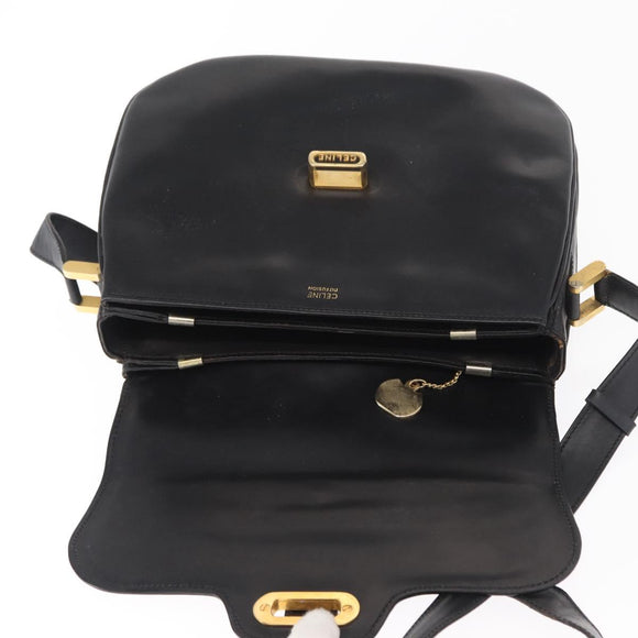 CELINE Shoulder Bag Leather Black Gold Auth 158991