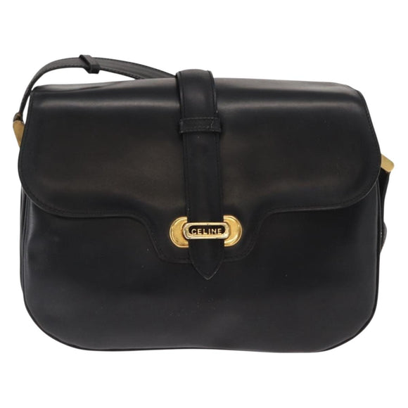 CELINE Shoulder Bag Leather Black Gold Auth 158991