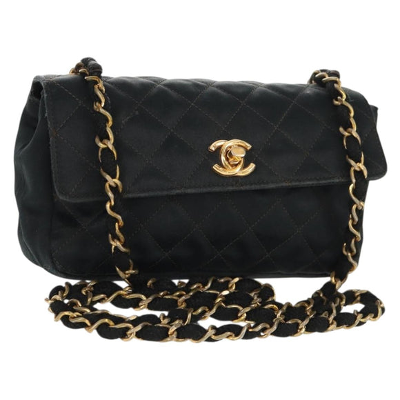 CHANEL Mini Matelasse 18 Chain Shoulder Bag Satin Black Gold CC Auth 159010V