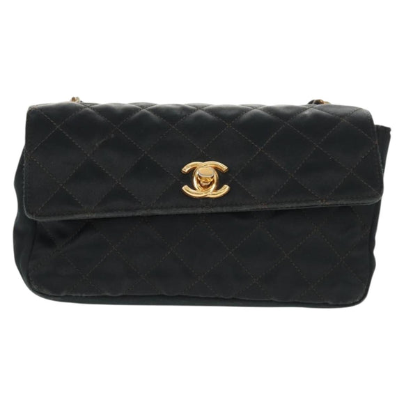 CHANEL Mini Matelasse 18 Chain Shoulder Bag Satin Black Gold CC Auth 159010V