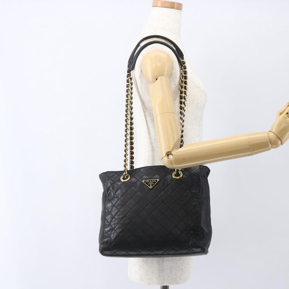 PRADA Chain Shoulder Bag Leather Black Gold Auth 159024