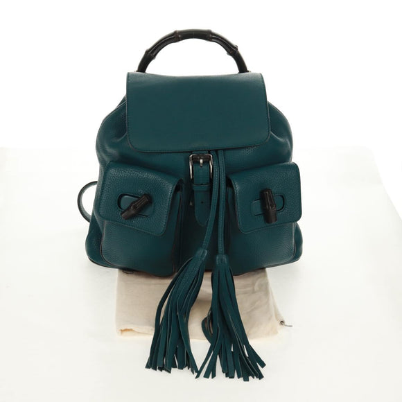 GUCCI Bamboo Backpack Leather Green Silver 370833 Auth 159026V