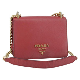 PRADA Chain Shoulder Bag Safiano leather Red Gold Auth 159038