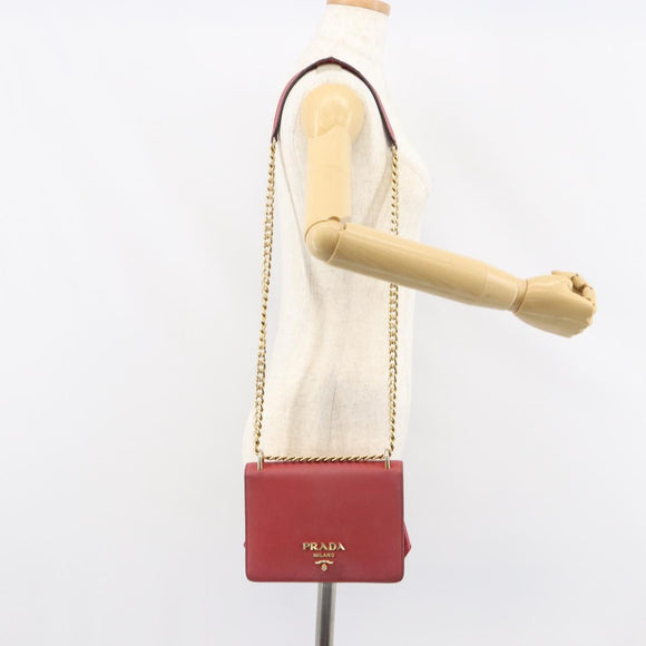 PRADA Chain Shoulder Bag Safiano leather Red Gold Auth 159038