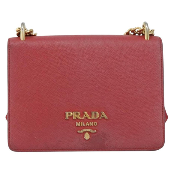 PRADA Chain Shoulder Bag Safiano leather Red Gold Auth 159038