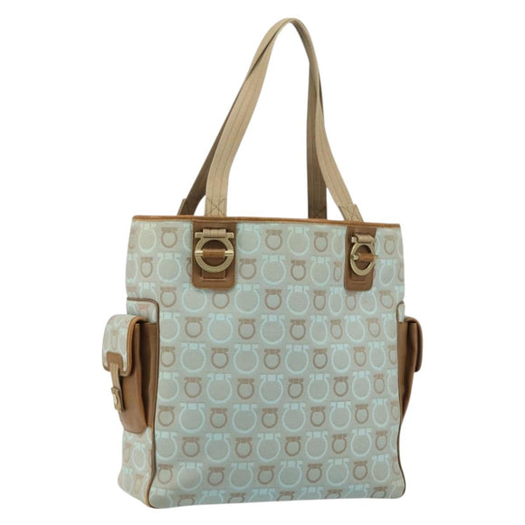 Salvatore Ferragamo Gancini Tote Bag Canvas Lichtblauw Goud Auth 159039