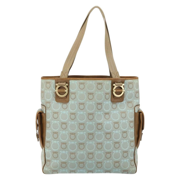 Salvatore Ferragamo Gancini Tote Bag Canvas Lichtblauw Goud Auth 159039