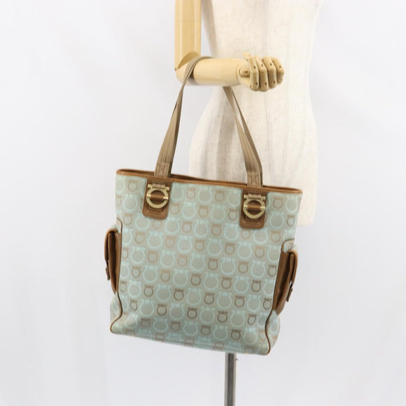 Salvatore Ferragamo Gancini Tote Bag Canvas Lichtblauw Goud Auth 159039