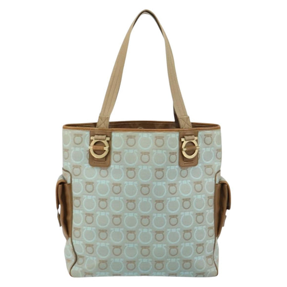 Salvatore Ferragamo Gancini Tote Bag Canvas Lichtblauw Goud Auth 159039