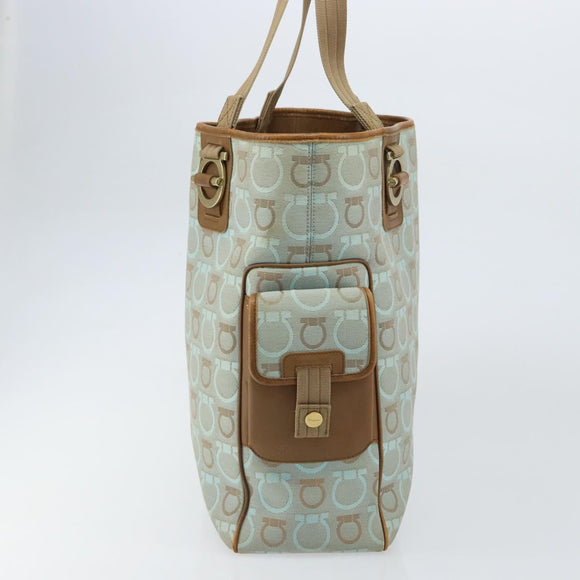 Salvatore Ferragamo Gancini Tote Bag Canvas Lichtblauw Goud Auth 159039