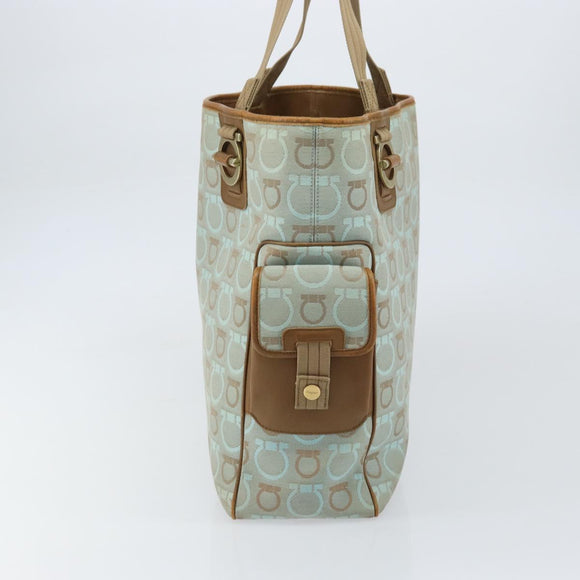 Salvatore Ferragamo Gancini Tote Bag Canvas Lichtblauw Goud Auth 159039