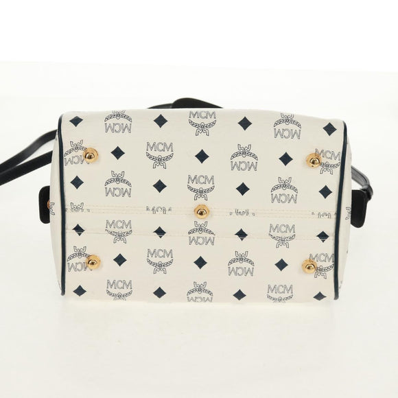 MCM Logogram Vicetos Boston Bag PVC Leather 2way White Gold Auth 159053