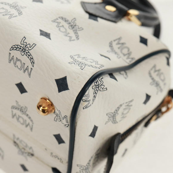 MCM Logogram Vicetos Boston Bag PVC Leather 2way White Gold Auth 159053