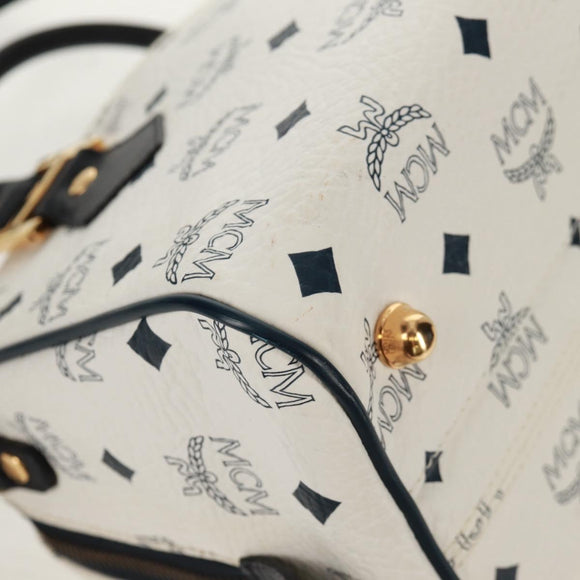 MCM Logogram Vicetos Boston Bag PVC Leather 2way White Gold Auth 159053