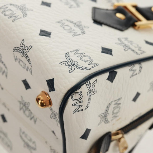 MCM Logogram Vicetos Boston Bag PVC Leather 2way White Gold Auth 159053