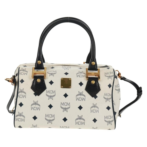 MCM Logogram Vicetos Boston Bag PVC Leather 2way White Gold Auth 159053