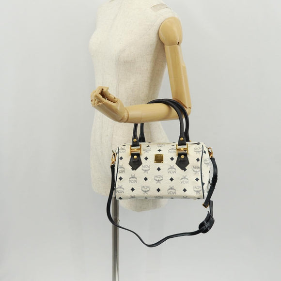 MCM Logogram Vicetos Boston Bag PVC Leather 2way White Gold Auth 159053