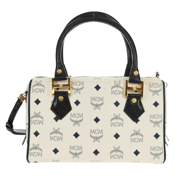 MCM Logogram Vicetos Boston Bag PVC Leather 2way White Gold Auth 159053