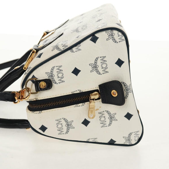 MCM Logogram Vicetos Boston Bag PVC Leather 2way White Gold Auth 159053
