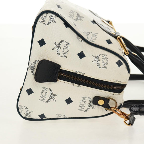 MCM Logogram Vicetos Boston Bag PVC Leather 2way White Gold Auth 159053